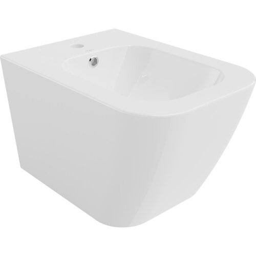 Biały, wiszący bidet o nowoczesnym, prostokątnym kształcie z zaokrąglonymi krawędziami, posiada otwór na baterię oraz odpływ. Na powierzchni widoczne jest subtelne logo producenta.