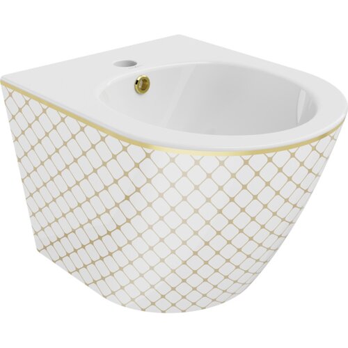 Biały wiszący bidet z wzorem w złotą kratkę, z otworem na baterię i złotym elementem przy otworze. Produkt ma gładką, zaokrągloną formę i elegancki design.