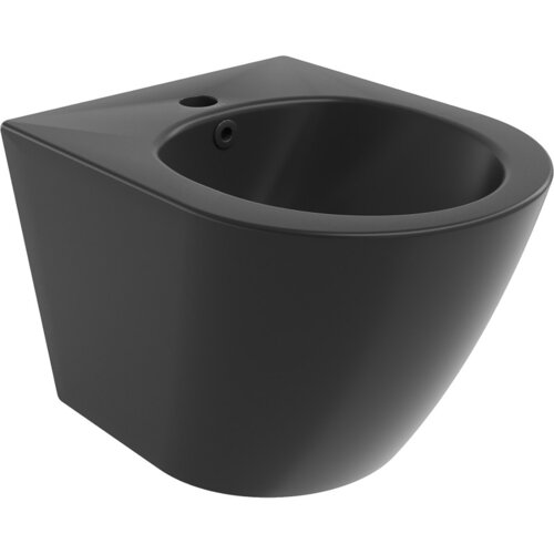 Czarny, matowy bidet wiszący o nowoczesnym designie, z otworem na baterię i gładką powierzchnią. Produkt nie posiada widocznych napisów ani logo.