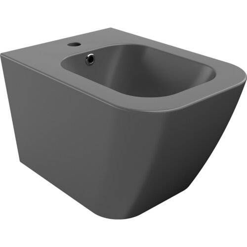 Na zdjęciu widoczny jest ciemnoszary, matowy bidet wiszący o prostokątnym kształcie z zaokrąglonymi krawędziami. Bidet ma otwór na baterię i otwór odpływowy.