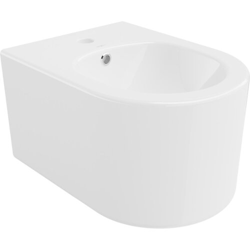 Biały, wiszący bidet o zaokrąglonym kształcie z otworem na baterię i odpływem. Na powierzchni widoczny jest napis "MEXEN".