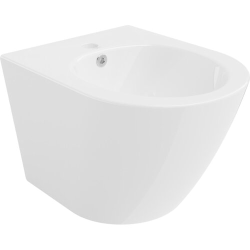 Na zdjęciu znajduje się biały, wiszący bidet o gładkiej powierzchni i zaokrąglonych krawędziach. Bidet ma otwór na baterię oraz odpływ umieszczony w dolnej części.