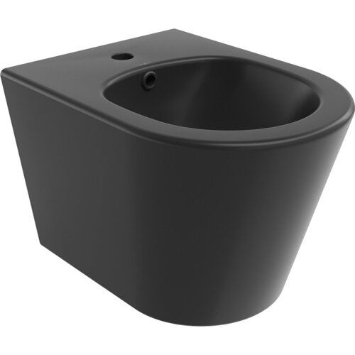 Czarny matowy bidet wiszący o gładkiej, zaokrąglonej formie z otworem na baterię i odpływem. Produkt ma minimalistyczny design bez widocznych napisów ani logo.