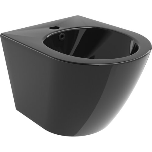 Czarny, wiszący bidet o nowoczesnym designie z otworem na baterię i gładką, błyszczącą powierzchnią. Produkt nie posiada widocznych napisów ani logo.