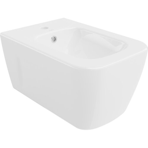 Biały, wiszący bidet o prostokątnym kształcie z zaokrąglonymi krawędziami, z widocznym otworem na baterię i odpływem. Na powierzchni znajduje się subtelne logo "Mexen".