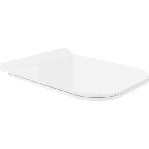 Biała, połyskująca deska sedesowa o smukłym profilu, wykonana z duroplastu, widoczna na białym tle. Produkt ma zaokrąglone krawędzie i prosty, nowoczesny design.