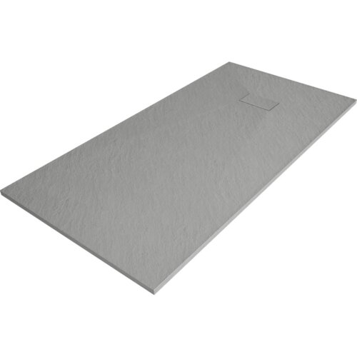 Szary, prostokątny brodzik o teksturowanej powierzchni, z widocznym otworem odpływowym. Produkt ma minimalistyczny design i jednolitą kolorystykę.