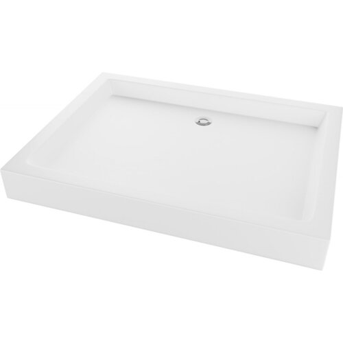 Biały, prostokątny brodzik z gładką powierzchnią i centralnie umieszczonym odpływem. Produkt ma minimalistyczny design i jednolitą kolorystykę.