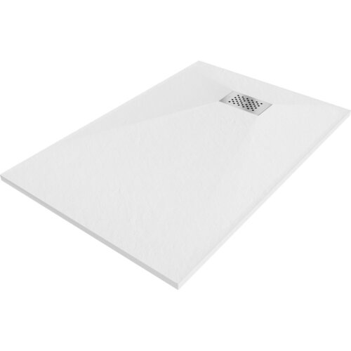 Biały, prostokątny brodzik z gładką powierzchnią i maskownicą inox w kształcie kwadratu z otworami. Produkt ma minimalistyczny design i jednolitą kolorystykę.