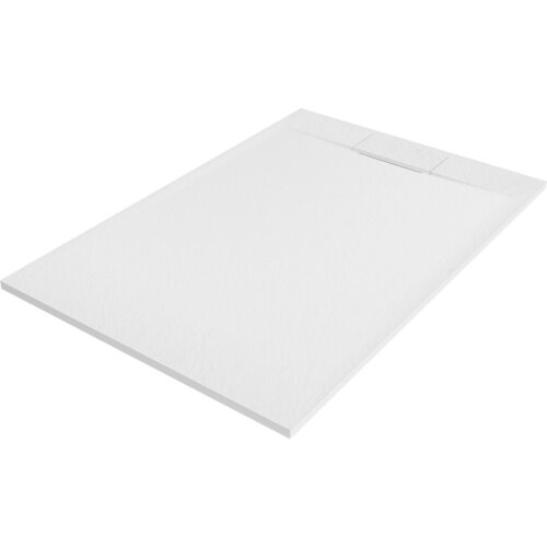 Biały, prostokątny brodzik o gładkiej powierzchni z widocznym odpływem. Produkt ma minimalistyczny design i jednolitą kolorystykę.