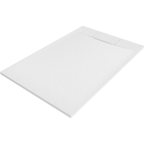 Biały, prostokątny brodzik o gładkiej powierzchni z delikatnym wzorem, z widocznym odpływem w górnej części. Produkt ma minimalistyczny design i jednolitą kolorystykę.