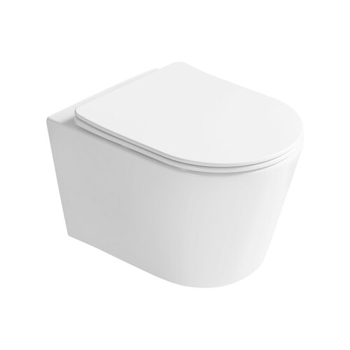 Na zdjęciu znajduje się biała, połyskująca miska WC typu rimless z deską wolnoopadającą slim, wykonana z duroplastu. Produkt ma nowoczesny, minimalistyczny design.