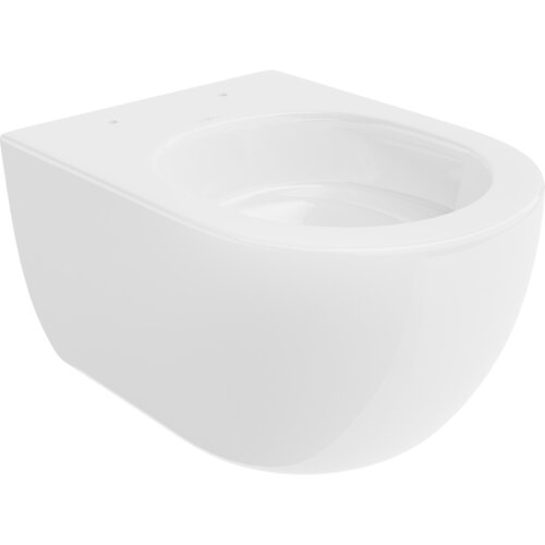 Biała, połyskująca miska WC bez kołnierza, o nowoczesnym, zaokrąglonym kształcie. Produkt nie posiada widocznych napisów ani logo.
