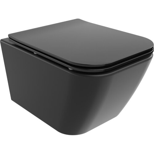 Czarna, matowa miska WC z deską wolnoopadającą o smukłym profilu, wykonana z duroplastu. Produkt ma nowoczesny, minimalistyczny design bez widocznych elementów montażowych.
