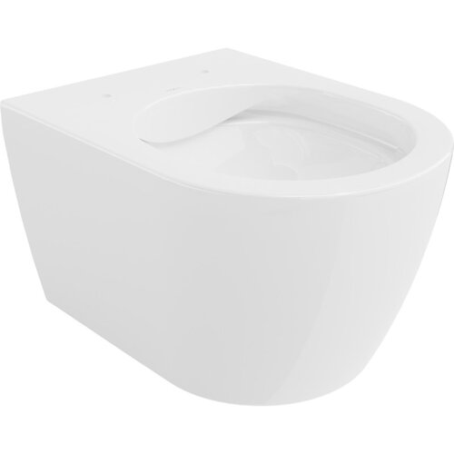 Biała, błyszcząca miska WC bez kołnierza o nowoczesnym, prostym kształcie. Produkt nie posiada widocznych napisów ani logo.
