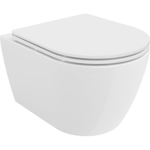 Biała, połyskująca miska WC bez kołnierza z wolnoopadającą deską typu slim, wykonana z duroplastu. Produkt ma nowoczesny, minimalistyczny design.