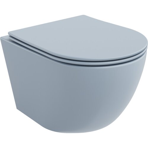 Na zdjęciu widoczna jest szara-niebieska matowa miska WC z deską wolnoopadającą typu slim, wykonana z duroplastu. Produkt ma nowoczesny, minimalistyczny design bez widocznych elementów montażowych.