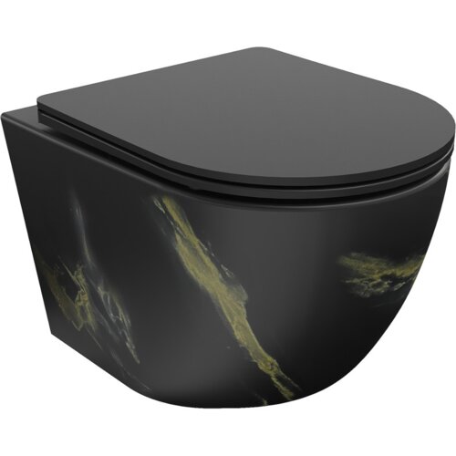Czarna miska WC z deską wolnoopadającą, o gładkiej powierzchni z subtelnymi, jasnymi wzorami przypominającymi kamień. Produkt ma nowoczesny, minimalistyczny design.