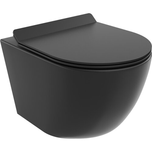Czarna, matowa miska WC bez kołnierza z wolnoopadającą deską typu slim, wykonana z duroplastu. Produkt ma nowoczesny, zaokrąglony kształt.