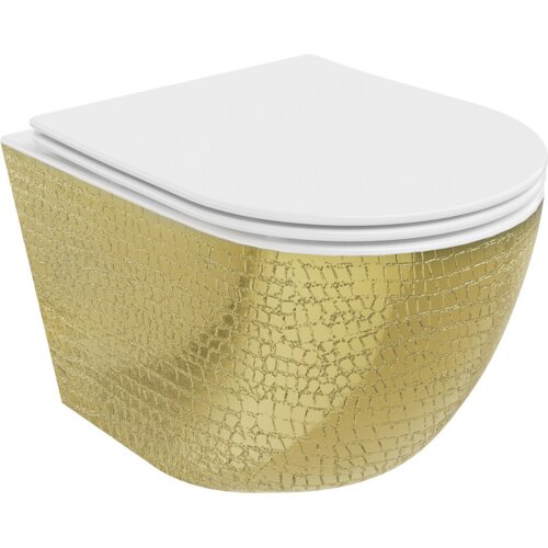 Na zdjęciu znajduje się biała miska WC z deską wolnoopadającą, pokryta złotym wzorem przypominającym łuski. Produkt ma nowoczesny design i gładką powierzchnię.