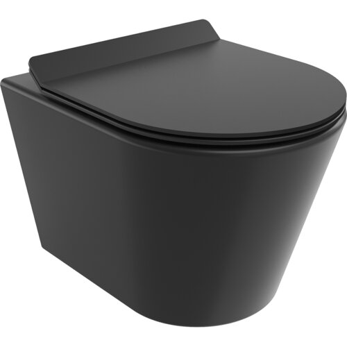 Czarna, matowa miska WC z deską wolnoopadającą o nowoczesnym, minimalistycznym designie. Produkt ma gładką powierzchnię i zaokrąglone krawędzie.