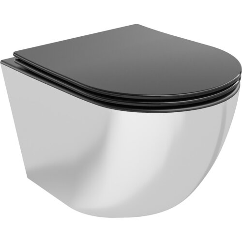 Na zdjęciu znajduje się czarna matowa miska WC z deską wolnoopadającą w kolorze srebrnym. Produkt ma nowoczesny, minimalistyczny design bez widocznych elementów montażowych.