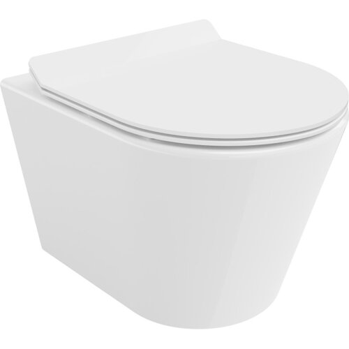 Biała, połyskująca miska WC typu Rimless z wolnoopadającą deską slim wykonaną z duroplastu. Produkt ma nowoczesny, minimalistyczny design.