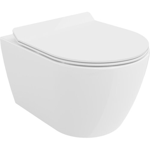 Biała, połyskująca miska WC bez kołnierza z wolnoopadającą deską typu slim, wykonana z duroplastu. Produkt ma nowoczesny, minimalistyczny design.