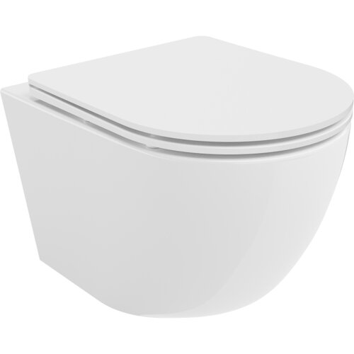 Biała, połyskująca miska WC z deską wolnoopadającą o smukłym profilu, wykonana z duroplastu. Produkt ma nowoczesny, minimalistyczny design bez widocznych elementów montażowych.