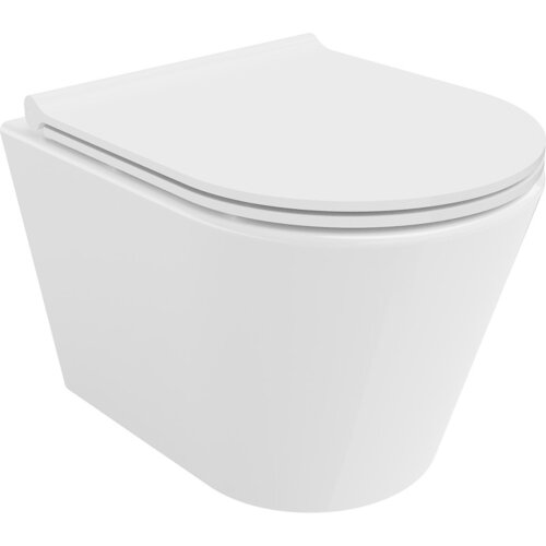 Na zdjęciu widoczna jest biała, błyszcząca miska WC bez kołnierza z deską wolnoopadającą typu slim, wykonana z duroplastu. Produkt ma nowoczesny, minimalistyczny design.