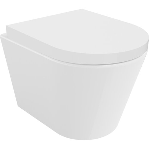 Biała, połyskująca miska WC o nowoczesnym, zaokrąglonym kształcie z deską wolnoopadającą. Produkt wykonany z duroplastu, bez widocznych napisów ani logo.