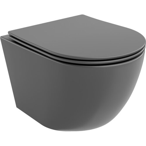 Ciemnoszara, matowa miska WC typu Rimless z wolnoopadającą deską slim, wykonana z duroplastu. Produkt ma nowoczesny, zaokrąglony kształt i gładką powierzchnię.