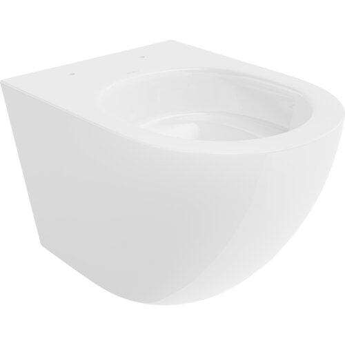 Biała, błyszcząca miska WC bez kołnierza, o nowoczesnym, zaokrąglonym kształcie. Produkt nie posiada widocznych napisów ani logo.