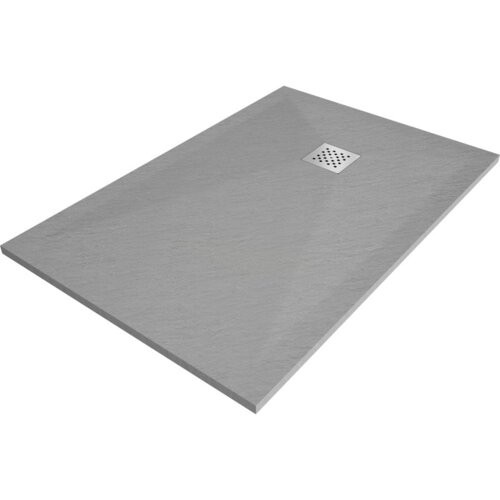 Prostokątny brodzik kompozytowy w kolorze szary-beton, o wymiarach 130 x 70 cm, z widocznym kwadratowym odpływem z perforacją. Powierzchnia brodzika ma teksturę przypominającą kamień.