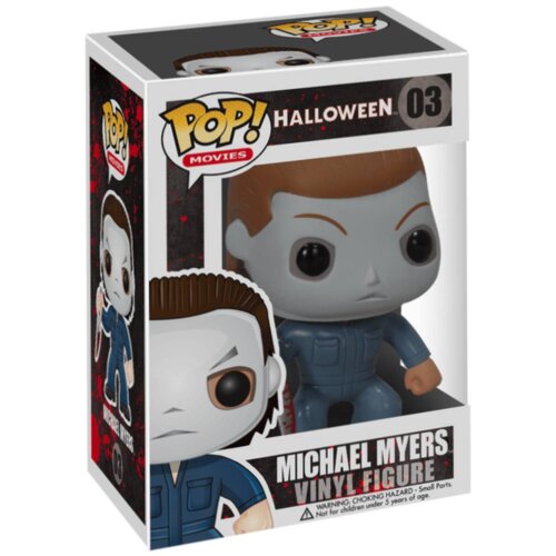 Pudełko z figurką winylową przedstawiającą postać z filmu, z napisem "POP! MOVIES HALLOWEEN 03" oraz "MICHAEL MYERS VINYL FIGURE". Na dole widnieje ostrzeżenie: "WARNING: CHOKING HAZARD - Small Parts. Not for children under 5 years of age."