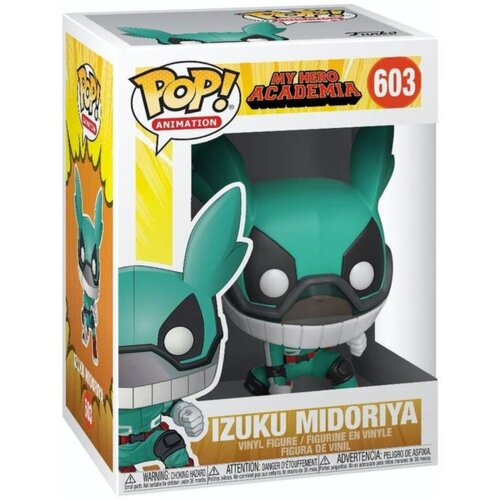 Pudełko z figurką winylową przedstawiającą postać z serii "My Hero Academia" o nazwie Izuku Midoriya, oznaczone numerem 603. Na opakowaniu widnieje logo "POP! Animation" oraz ostrzeżenie o małych elementach w kilku językach.