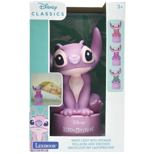 Fioletowa lampka nocna w kształcie postaci z bajki, z dużymi oczami i uszami, znajduje się w opakowaniu z napisem "Disney Classics" oraz "Lilo & Stitch". Na opakowaniu widoczne są również zdjęcia produktu w różnych kolorach oraz logo "Lexibook".