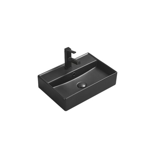 Czarna matowa umywalka nablatowa o prostokątnym kształcie z otworem na baterię i odpływem. Produkt ma gładką powierzchnię i minimalistyczny design.