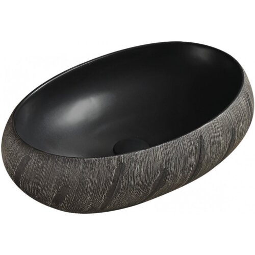 Czarna umywalka nablatowa o owalnym kształcie z teksturowaną, ciemnoszarą powierzchnią zewnętrzną. Wnętrze umywalki jest gładkie i jednolicie czarne.