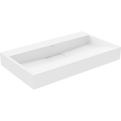 Biała umywalka nablatowa o prostokątnym kształcie, wykonana z konglomeratu, z widocznym napisem "MEXEN" na wewnętrznej powierzchni. Umywalka ma gładkie krawędzie i centralnie umieszczony odpływ.