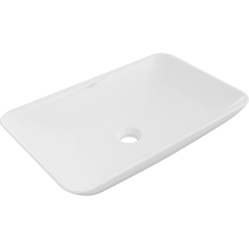 Biała, prostokątna umywalka nablatowa z zaokrąglonymi krawędziami i centralnym otworem odpływowym. Na powierzchni umywalki widoczne jest logo "MEXEN".