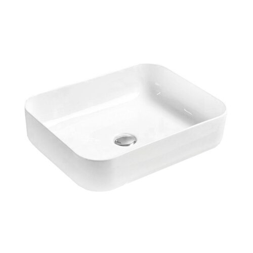 Biała, prostokątna umywalka nablatowa o zaokrąglonych rogach, z widocznym otworem odpływowym na dnie. Produkt ma gładką powierzchnię i minimalistyczny design.