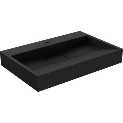 Czarna umywalka nablatowa z konglomeratu o prostokątnym kształcie, z otworem na baterię i napisem "Mexen" na tylnej ściance. Produkt ma gładką powierzchnię i minimalistyczny design.