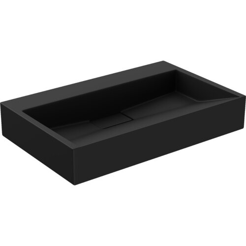 Czarna, prostokątna umywalka nablatowa z konglomeratu o gładkiej powierzchni i minimalistycznym designie. Produkt ma wymiary 60 x 38 cm.