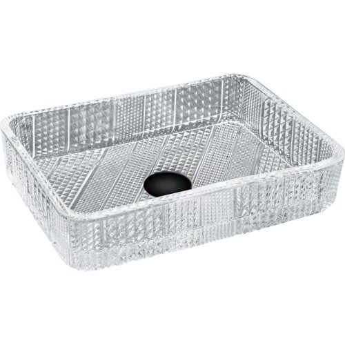 Przedstawiono szklaną umywalkę nablatową o wymiarach 46 x 33 cm, wykonaną z przezroczystego materiału z geometrycznym wzorem na powierzchni. Umywalka ma prostokątny kształt z zaokrąglonymi krawędziami i czarnym odpływem na dnie.