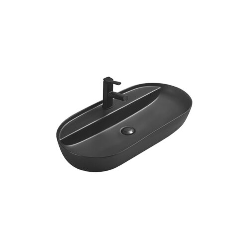 Czarna matowa umywalka nablatowa o owalnym kształcie z centralnie umieszczonym otworem odpływowym i wbudowaną baterią. Produkt ma gładką powierzchnię i minimalistyczny design.