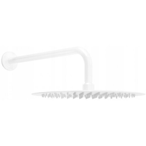 Biała deszczownica o średnicy 25 cm z ramieniem prysznicowym, widoczna z boku, z licznymi dyszami na spodzie. Produkt ma minimalistyczny design i jednolitą kolorystykę.