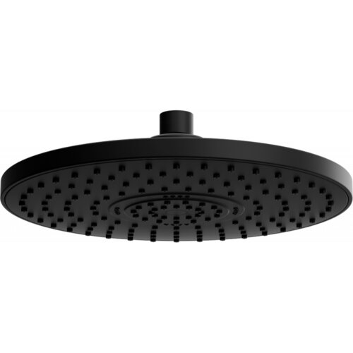 Czarna deszczownica o średnicy 22 cm z licznymi dyszami na powierzchni, model Mexen D-05. Produkt ma gładkie, matowe wykończenie i centralne mocowanie.