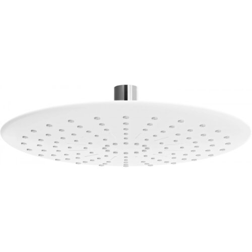Biała deszczownica o średnicy 22 cm z chromowanym wykończeniem, posiada liczne dysze rozmieszczone równomiernie na powierzchni. Produkt ma prosty, nowoczesny design.