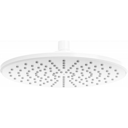 Biała deszczownica o średnicy 22 cm z licznymi dyszami rozmieszczonymi równomiernie na powierzchni. Produkt ma prosty, nowoczesny design.